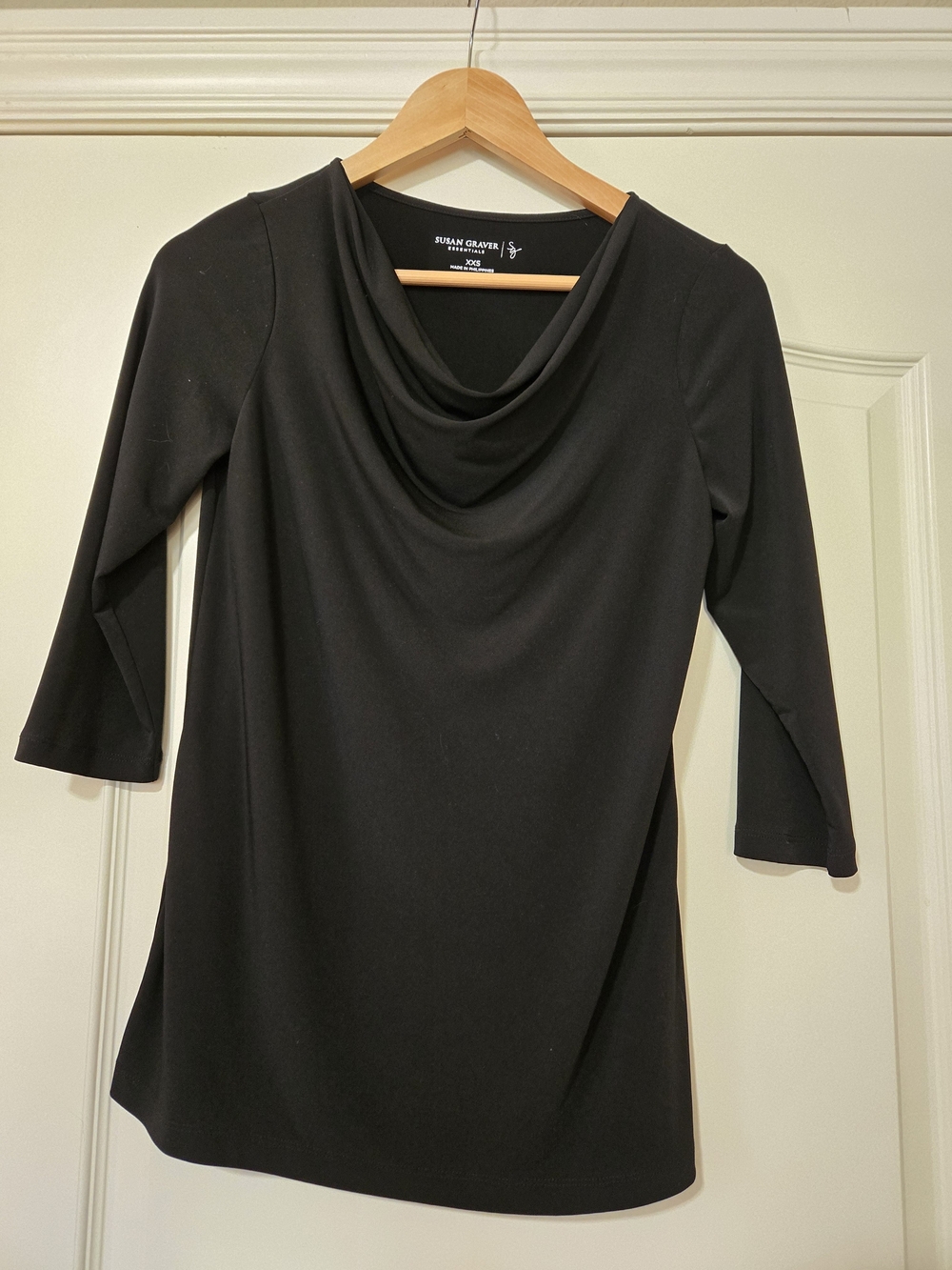 Susan Graver Black Draped Cowl-Neck Three-Quarter Sleeve Top Soft Layers